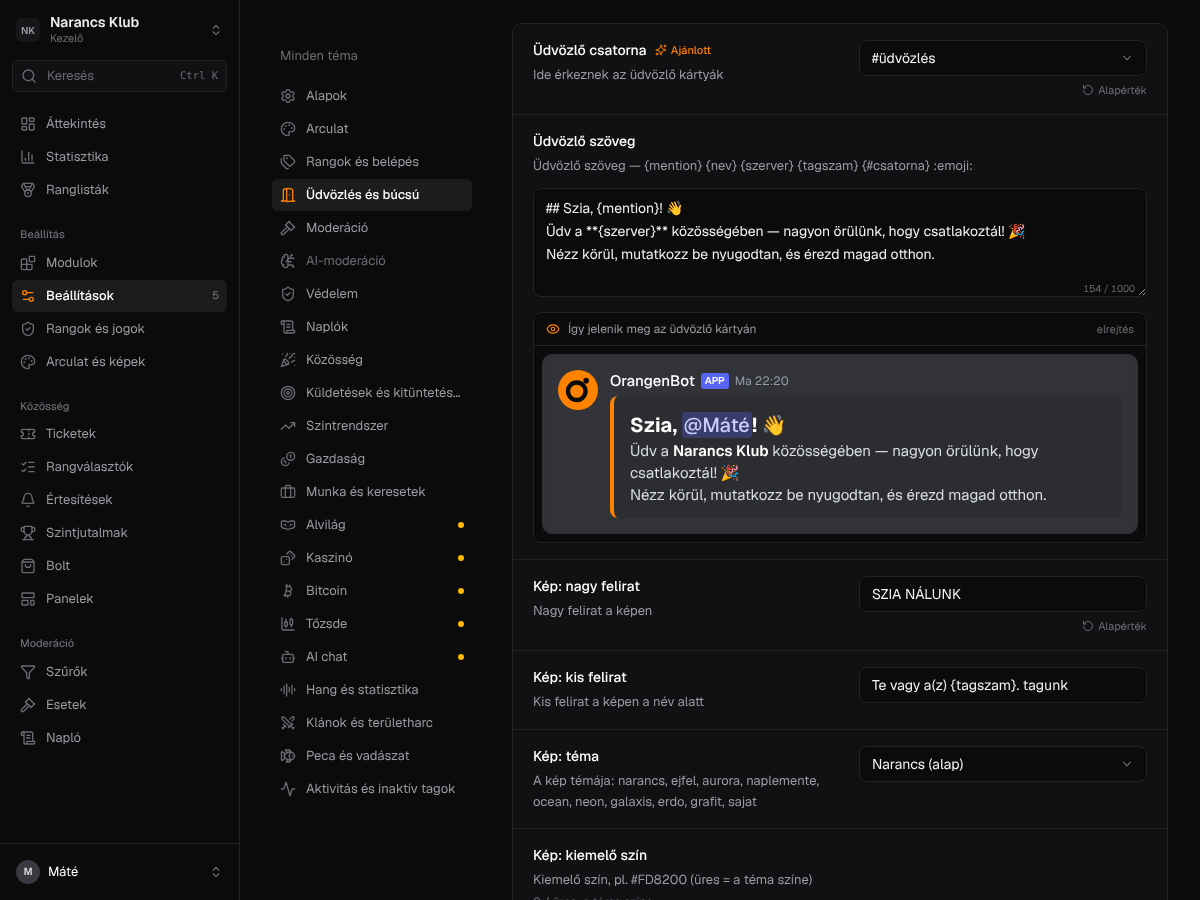 Az Üdvözlés beállításai élő Discord-előnézettel